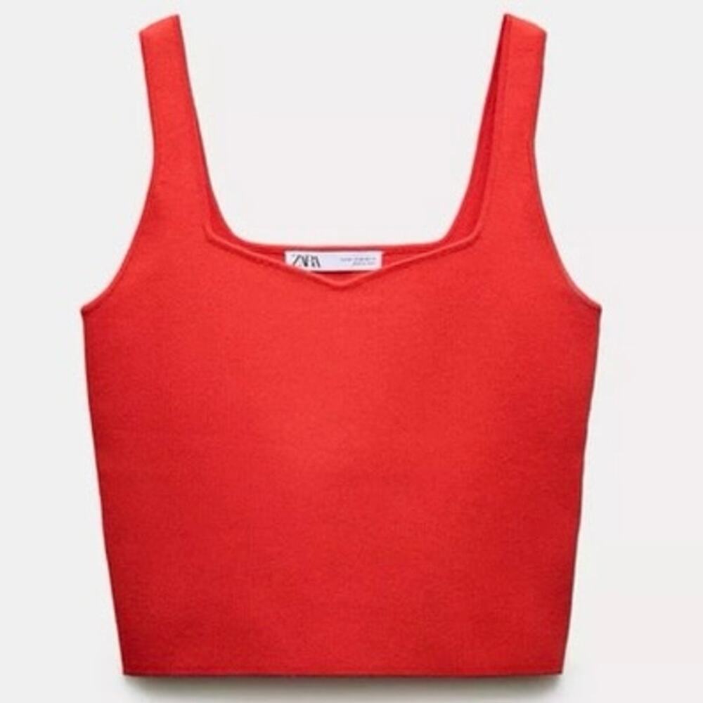 ZARA Red Basic Knit Crop Top Square Neck Ribbed Summer Small 4 6 4192/012 NWOT